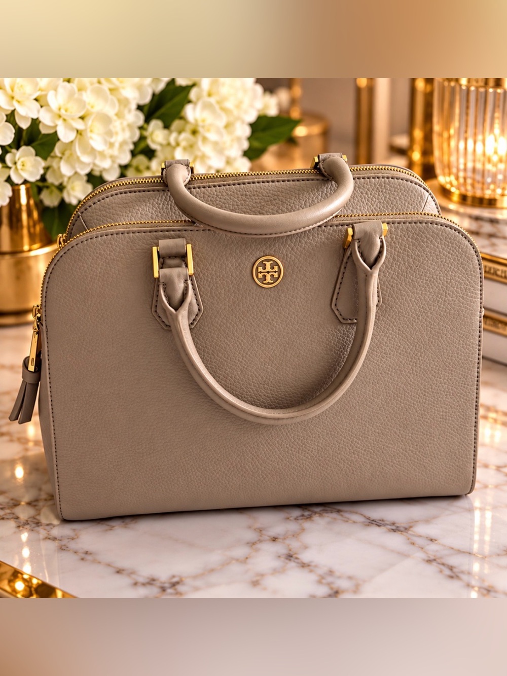 Tory Burch Pebbled Taupe Leather Satchel with Gold Hardware